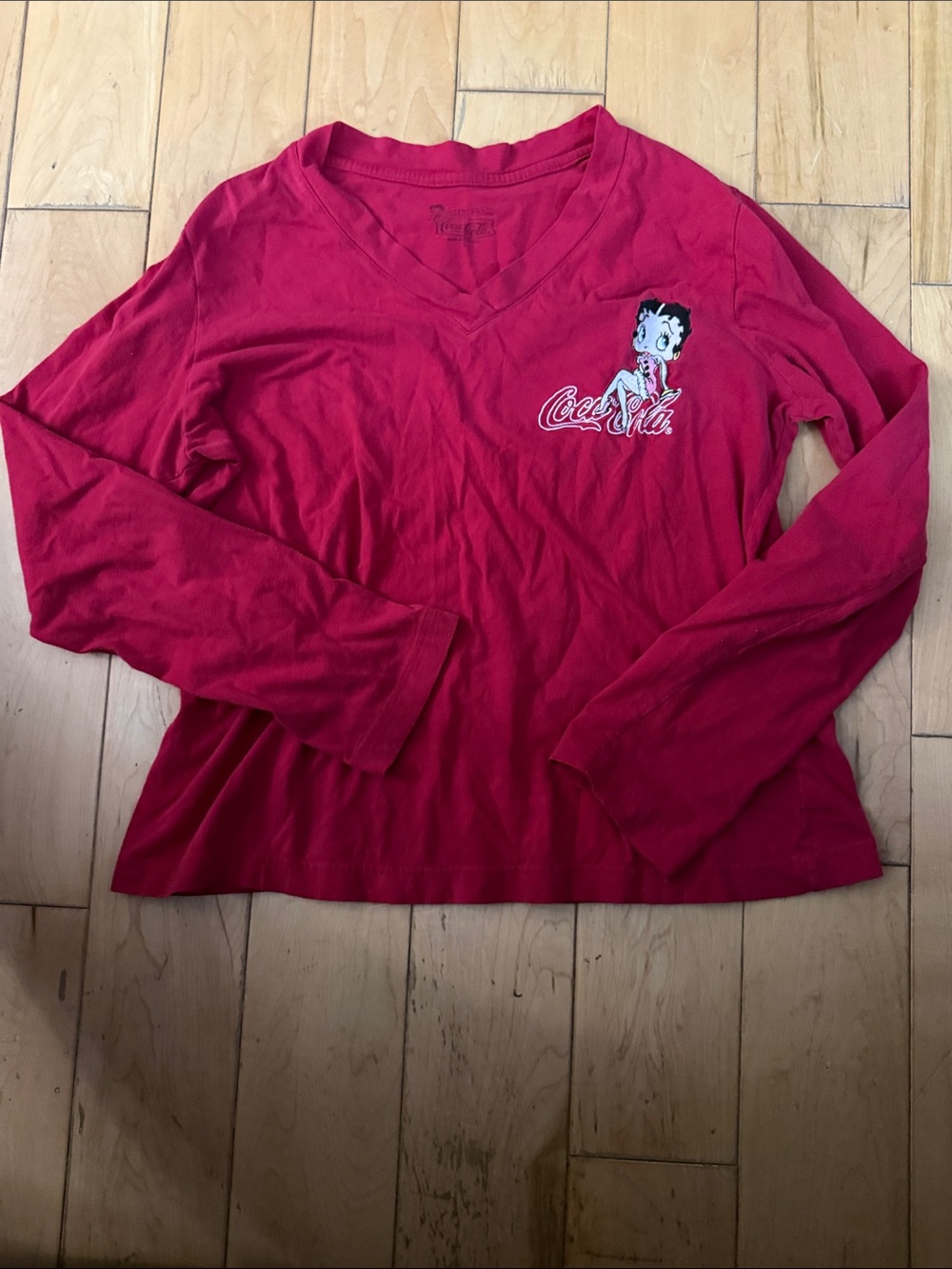 Coca Cola Red Long-Sleeve V-Neck Tee with Betty Boop Graphic
